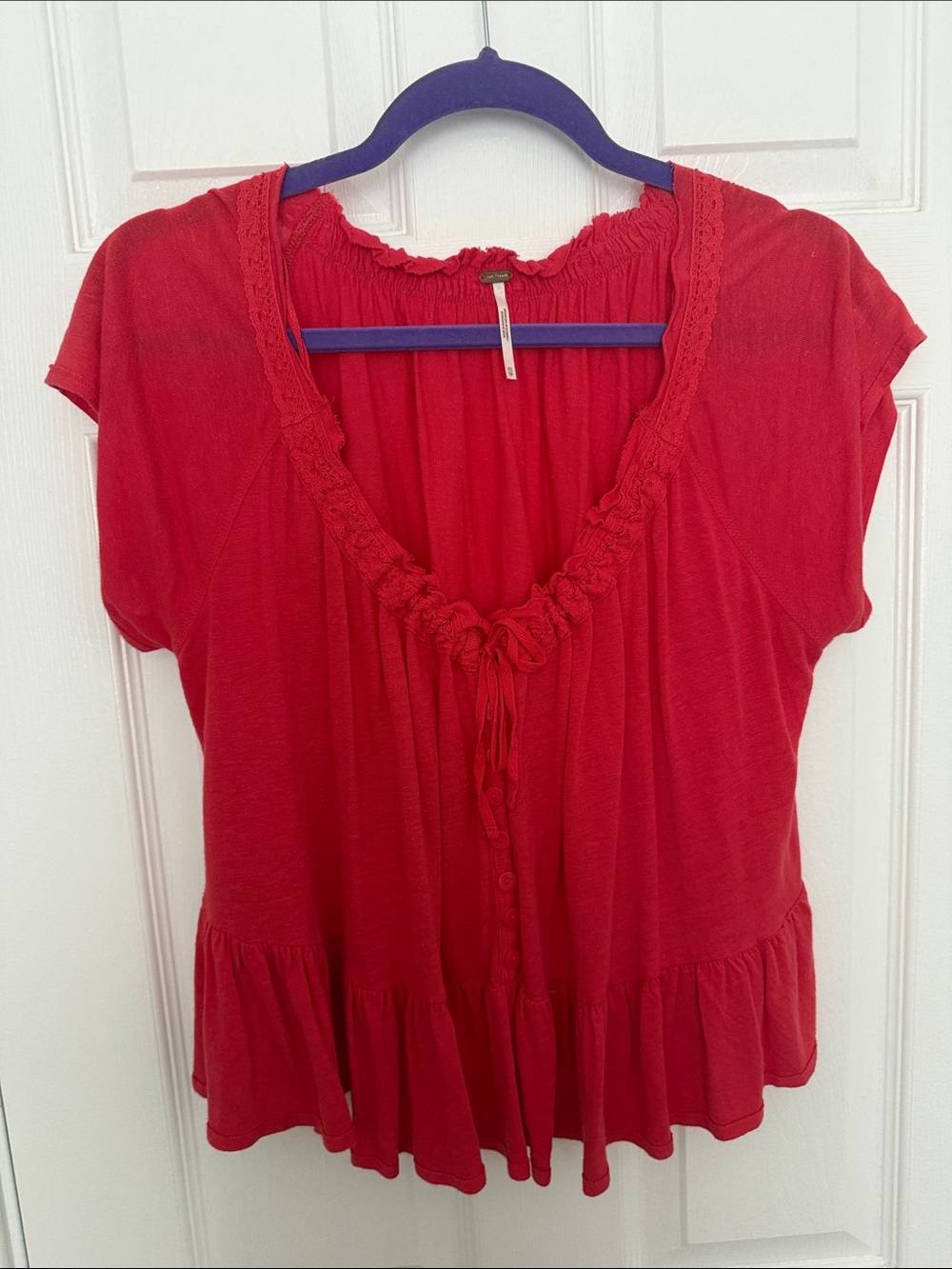 Free People Red Ruffle Peplum Short-Sleeve Top